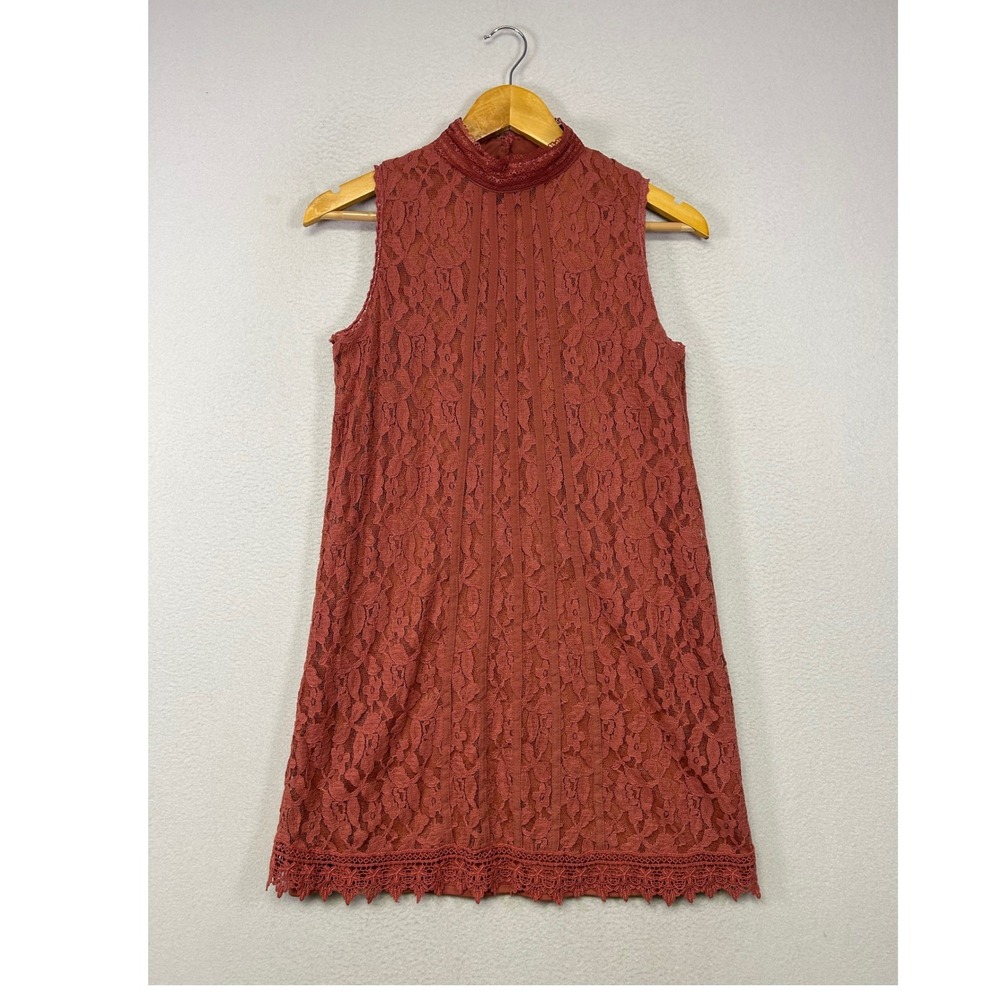 Boho Romantic Xhilaration Womens S Rust Red Lace Mock Neck Pintuck Shift Dress